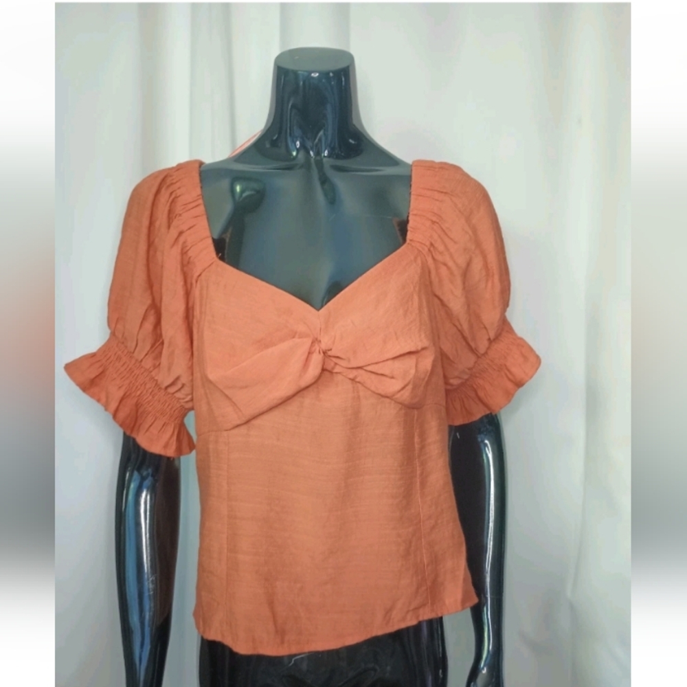 Nine West Coquette Babydoll Top Large Sweetheart Smocked Dusty Pink Milkmaid